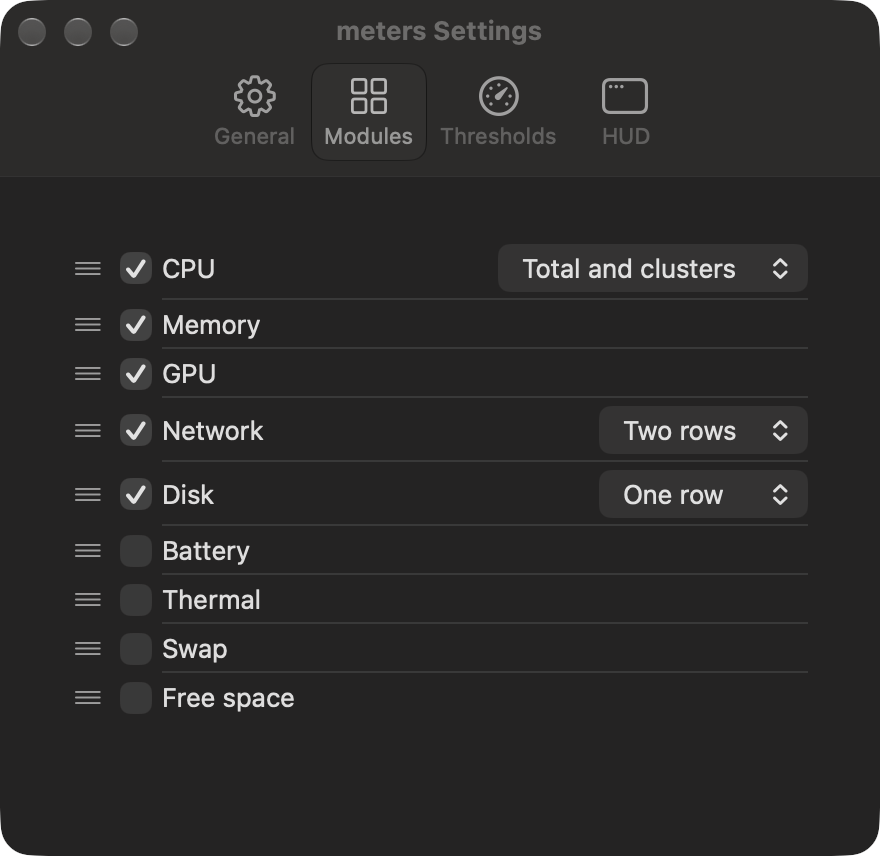 The Settings window's Modules tab: a reorderable list of the nine modules with checkboxes, and form pickers for CPU, Network, and Disk.
